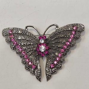 Butterfly Silver Tone Pink Clear Rhinestone Brooch Statement Insect Bug Jewelry